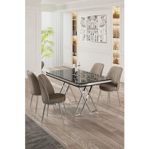 Hanah home vals - black marble, chrome, cappuccino black marblechromecappuccino dining table & chairs set (5 pieces) Cene