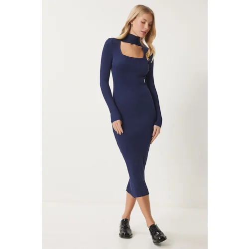 Happiness İstanbul Women's Navy Blue Cut Out Detailed Stand Collar Ribbed Knit Dress