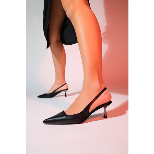LuviShoes MARTEN Women's Black Skin Pointed Toe Open Back Thin Heel Shoes Slike