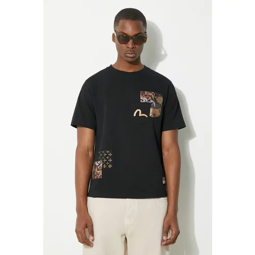 Evisu Pamučna majica Seagull Emb + Brocade Pocket za muškarce, boja: crna, s aplikacijom, 2ESHTM4TS7066