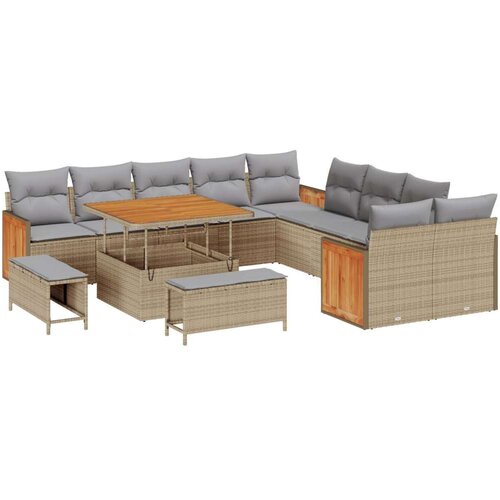  Set od 13 komada vrtnih sofa s jastucima bež poli ratan akacija sofa za 2 osobe s jastucima bež poli ratan set za vrtno blagov Slike