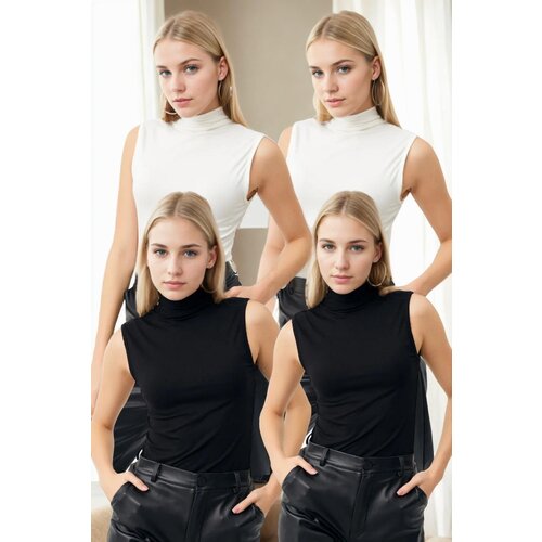 Dewberry 45246 4-Piece Sleeveless Body Set-BLACK-WHITE Cene