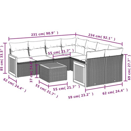 vidaXL 9-dijelni set vrtnih sofa od poliratana s jastucima sivi Cijene