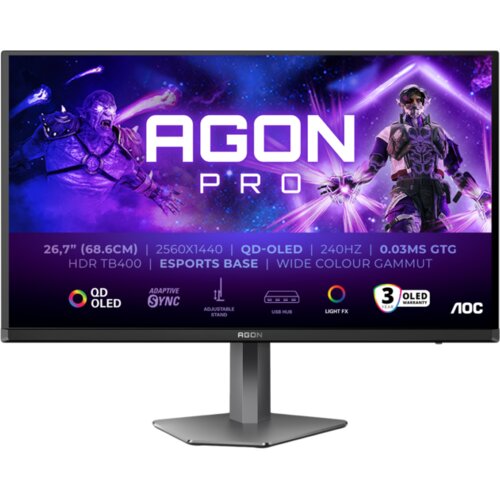 AOC Monitor LED AG276QZD2 AGON PRO 26.7&rdquo; 2560&times;1440 QD-OLED Adaptive Sync 240Hz 0.03ms 250 cd/m2 3-sided frameless FULL ERGO 2xHDMI 2xDP USB Hub Cijene
