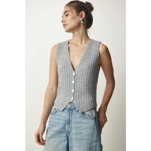  Women&amp;#039;s Gray Striped Raised Knitwear Vest Slike