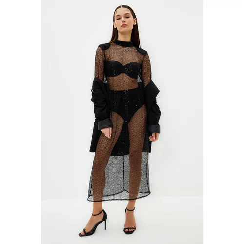 Trendyol Black Sequin Transparent Stylish Evening Dress