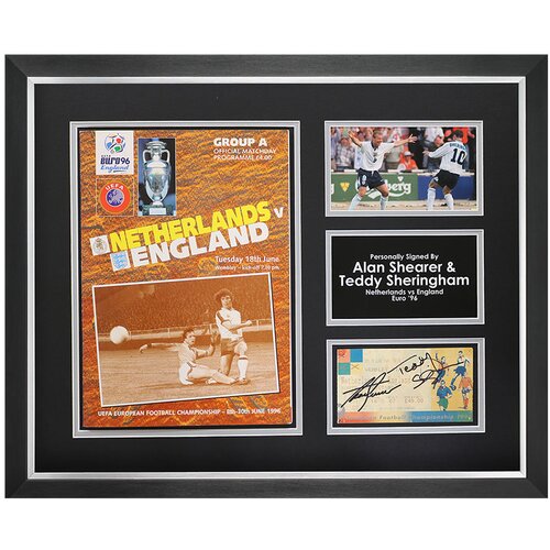 Shearer &amp;amp; Sheringham Signed Photo Large Framed Euro 96 Programme Ticket DisplayCOA Slike