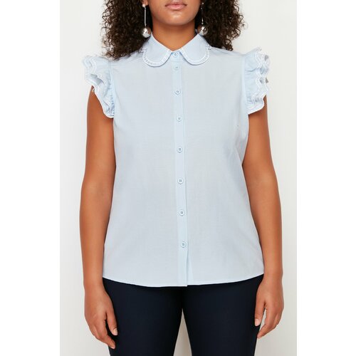 Trendyol Curve Blue Shoulder and Collar Embroidery Detail Woven Blouse Slike