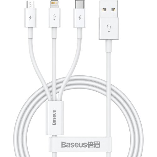 Baseus Superior Series USB-A polnilni kabel 3v1 z USB-C, Micro USB in Lightning priključkom 3.5A bele barve dolžine 50cm Slike