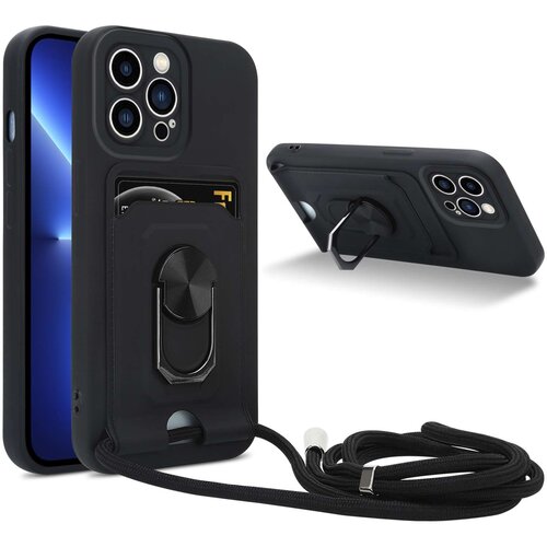Cadorabo Verižica za mobilni telefon s funkcijo stojala, združljiva z Apple iPhone 13 PRO v črna barvi - silikonski za&amp;scaron;čitni pokrov z nastavljivim trakom, (20859882) Slike