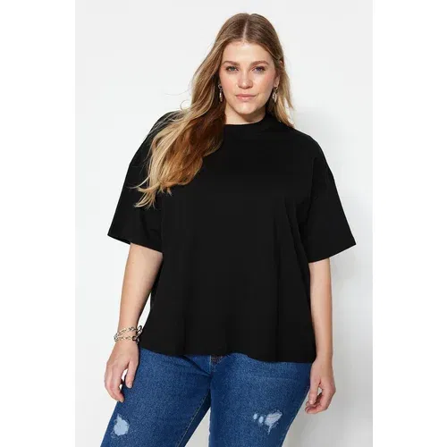 Trendyol Curve Black Collar Ribbed Oversize Basic Knitted Tshirt