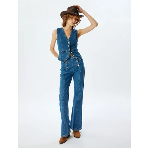 Koton High Waisted Flared Leg Button Detailed Slim Jeans