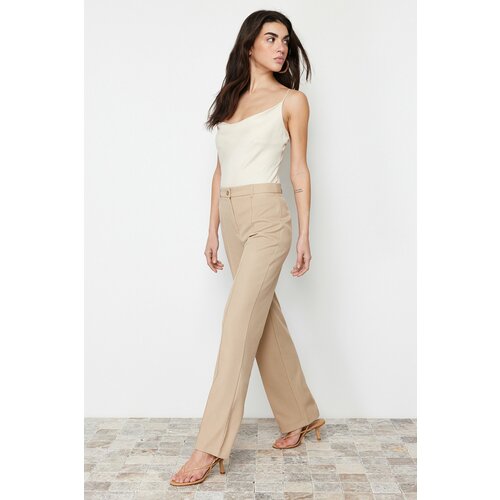 Trendyol Light Brown Straight/Straight Fit High Waist Ribbed Stitched Woven Trousers Slike