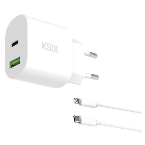 Ksix GaN ultrabrzi zidni punjač 20W, USB-C + USB-A, 1m USB-C na Lightning kabel Cene
