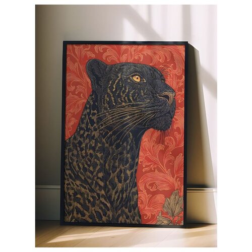 Wallxpert uramljena slika 115274, crni leopard na crvenoj pozadini, 50 x 70 cm, crni ram Cene