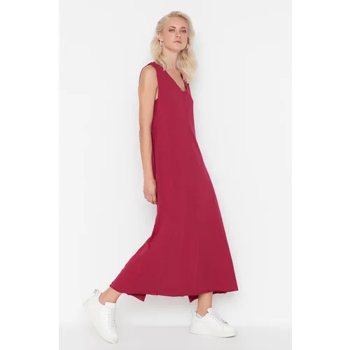 Trendyol Dark Plum V-Neck Maxi Length Knitted Dress