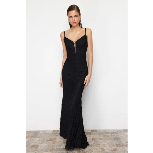 Trendyol Black Lace Long Evening Dress with Binding Detail on the Chest