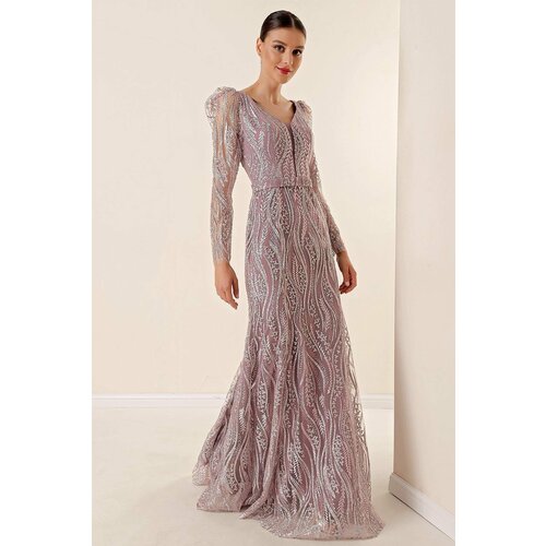 By Saygı V-Neck, Long Sleeves, Lined, Wide fit, Glittery Flocked Printed Long Dress, Dry Rose Slike