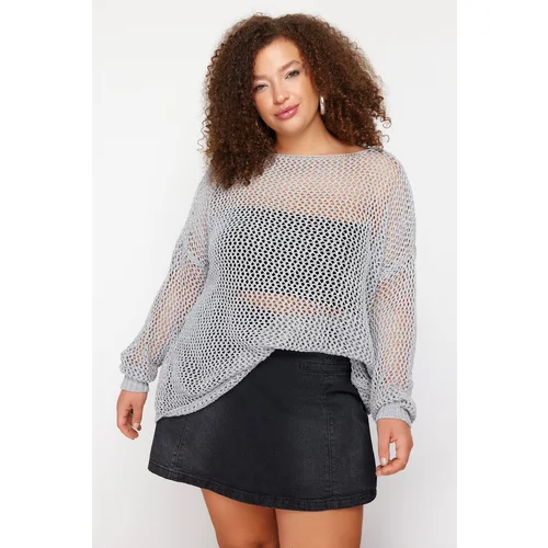 Trendyol Curve Gray Openwork/Perforated Low Shoulder Knitwear Sweater