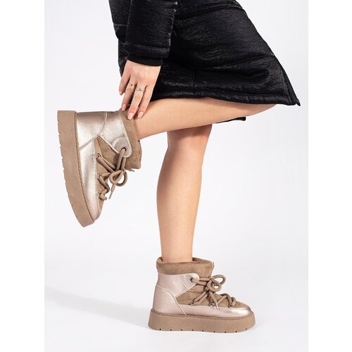 Shelvt Beige lace-up women's snow boots with a thick sole Cene