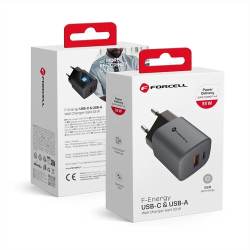 Forcell F-Energy GaN USB C + USB A QC4.0 PD 3A 33W VT-31 siv polnilec za telefon Slike