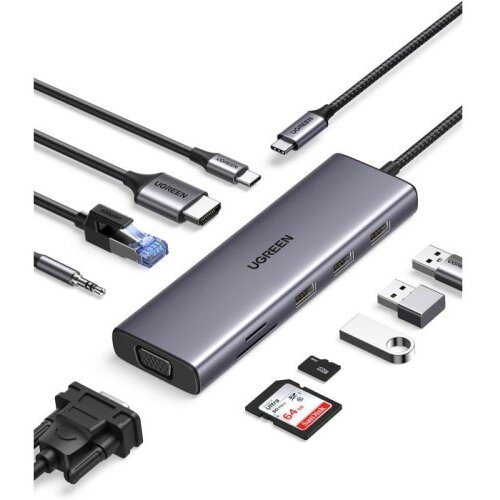 Ugreen USB C Hub, 10-v-1 USB-C z dvojnim izhodom za zaslon 4K HDMI &amp;amp; VGA, 100W PD Slike