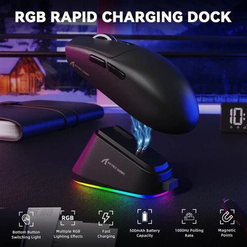 Attack Shark bežični gaming mi&amp;scaron; G3Pro PAW3311/25000 dpi/omron switches/black + charging dock Slike