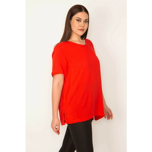 Şans Women's Plus Size Red Woven Viscose Fabric V-Neck Side Slit Blouse Slike