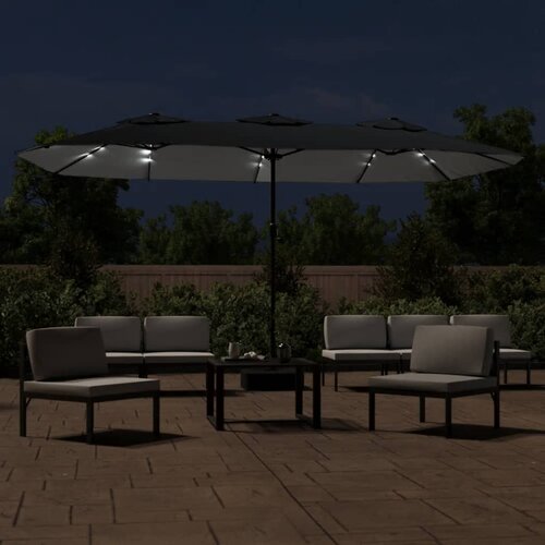  Dvostruki vrtni suncobran s LED svjetlima crni 449 x 265 cm Slike