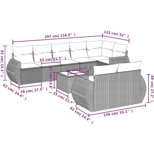 VidaXL 9-dijelni set vrtnih sofa s jastucima crni od poliratana Slike