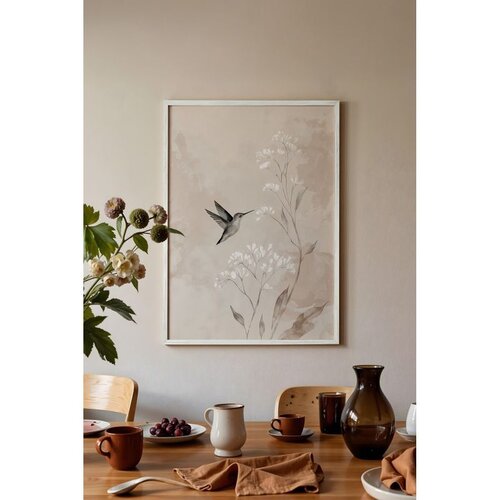 Wallxpert uramljena slika 115239, kolibri među belim poljskim cvetovima u bež tonovima, 50 x 70 cm, beli ram Cene