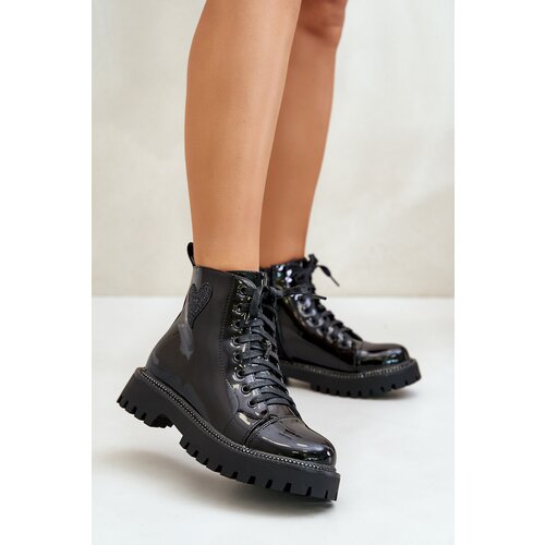 Boto Lacquered Ankle Boots With Zip And Decorative Heart Black Obeena Cene