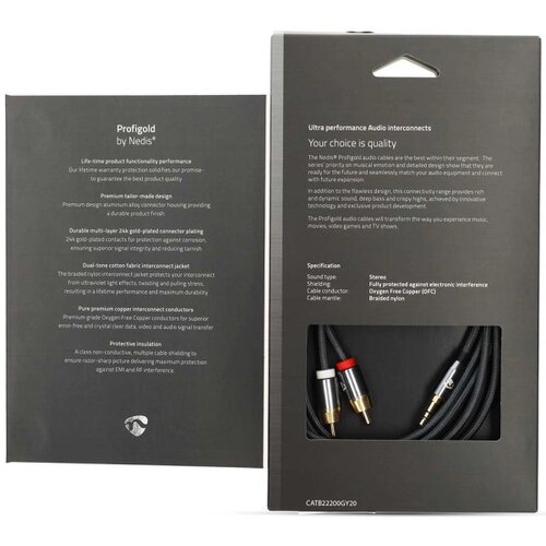 Nedis CATB22200GY20 Stereo audio kabl, 3,5 mm mu&amp;scaron;ki, 2x RCA mu&amp;scaron;ki, Pozlaceni, 2,00 m, Okrugli, Sivi Slike
