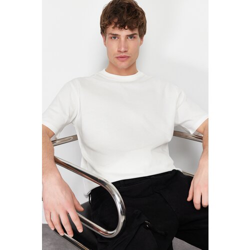 Trendyol men's ecru relaxed 100% cotton textured t-shirt Slike