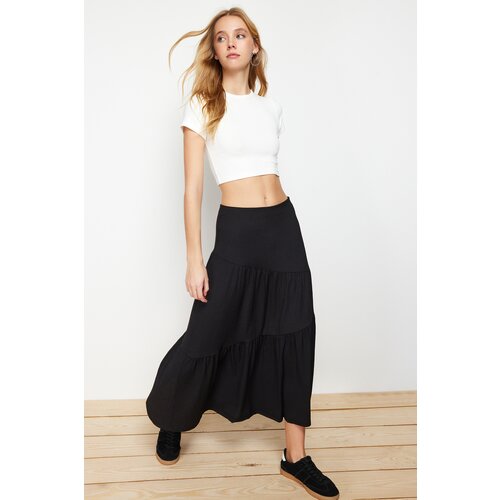 Trendyol Black Wrapped/Textured Flared Maxi Gathered Flexible Knitted Skirt Cene