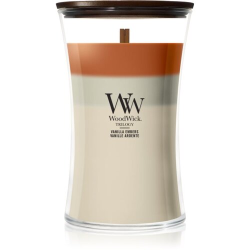WoodWick Trilogy Vanilla Embers mirisna svijeća s drvenim fitiljem 610 g Slike