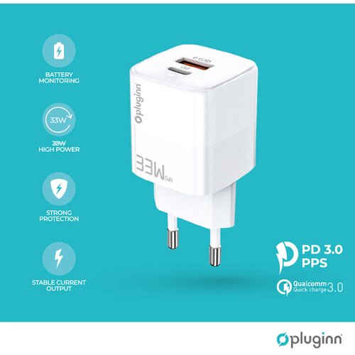 Pluginn PI-D73-33w Kućni punjač QC3.0 PD3.0, PPS, USB-PD, 20W+33W, 53W, Sa PD iPhone lightning kablom, Beli Cene