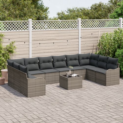 VidaXL Set od 10 komada vrtnih sofa s jastučićima crni poli ratan, 2-sjedalna vrtna sofa s prostorom za pohranu i jastučićima sivi poli ratan Slike