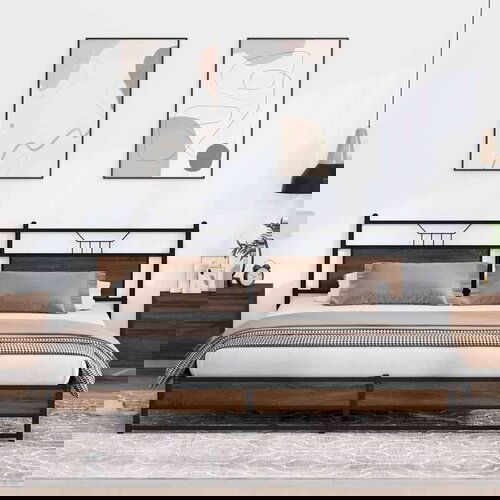 Metalni Kovinski posteljni okvir brez vzmetnice rjavi hrast 193x203 cm, (21829002) Slike