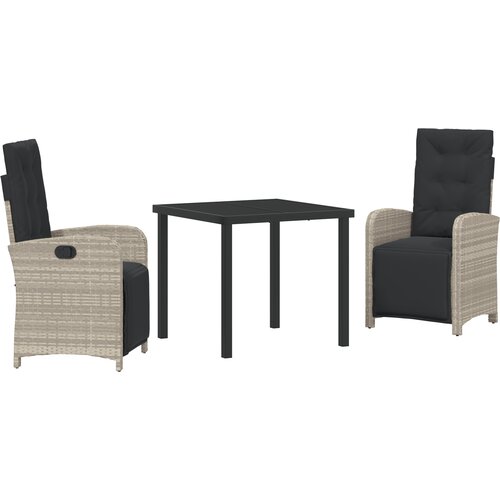 vidaXL Set od 3 dijela za vrt sa svijetlosivim poli ratan jastučićima, vrtni stol crn 80x80x73 cm od kaljenog stakla Cijene