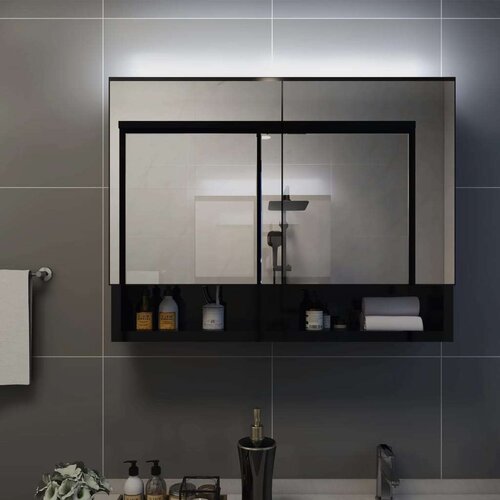 VidaXL lED kupaonski ormarić s ogledalom crni 80 x 15 x 60 cm MDF Slike