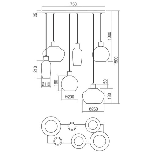  Redo 01-4047 - Visilica na sajli ATLANTIS 6xE27/42W/230V crna Slike