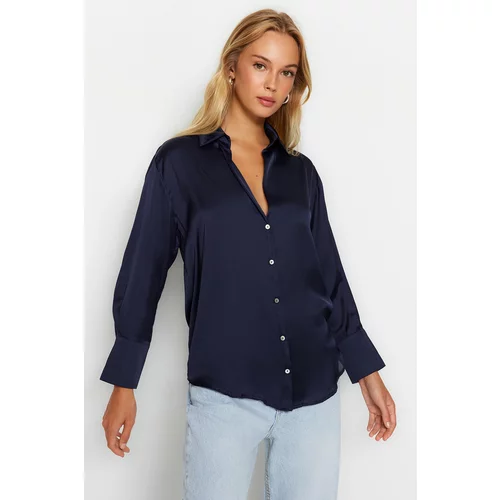Trendyol Navy Blue Satin Oversize Woven Shirt