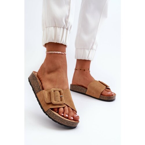 Kesi Women's eco-friendly suede slippers Camel Laeltia with buckle Slike