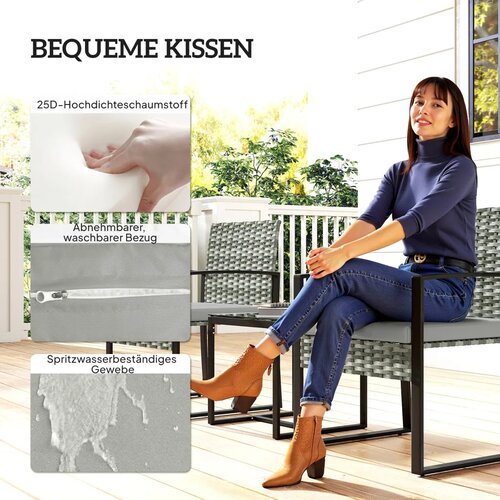 Bistro set od ratana 3 dijela 2 stolice stolić za kavu i jastuci svijetlosivi Slike