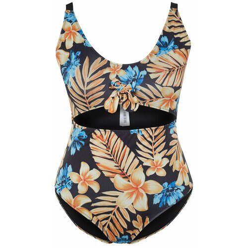 Trendyol Curve Blue Tropical Patterned Swimsuit with Tie Detail and Slimming Effect Cene