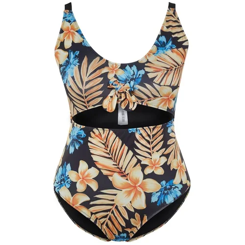 Trendyol Curve Blue Tropical Patterned Swimsuit with Tie Detail and Slimming Effect