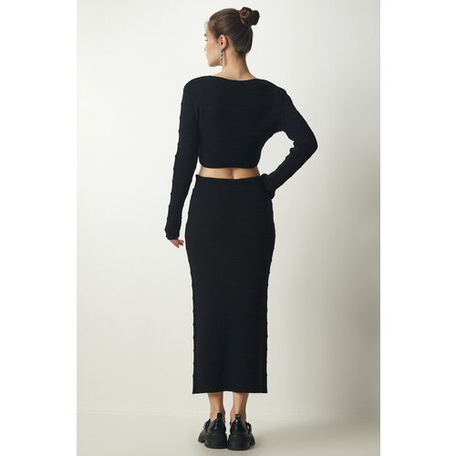 Women's Black Ribbed Crop Knitwear Sweater Skirt Suit Cene