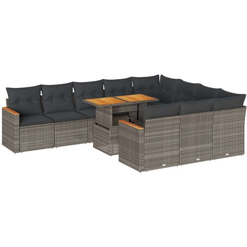 VidaXL 11-dijelni set vrtnih sofa poliratan i bagrem s jastucima sivi Slike