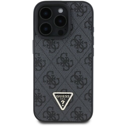 Guess Maska Guess Leather 4G Triangle Strass za iPhone 16 Pro crna Slike